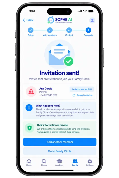 Invitation sent screen in the SOPHE AI app