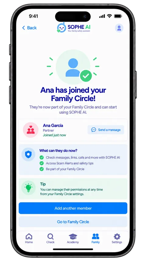Ana has joined your Family Circle screen in the SOPHE AI app