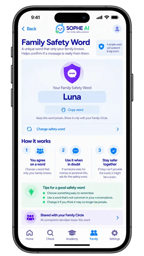 Family Safety Word screen in the SOPHE AI app