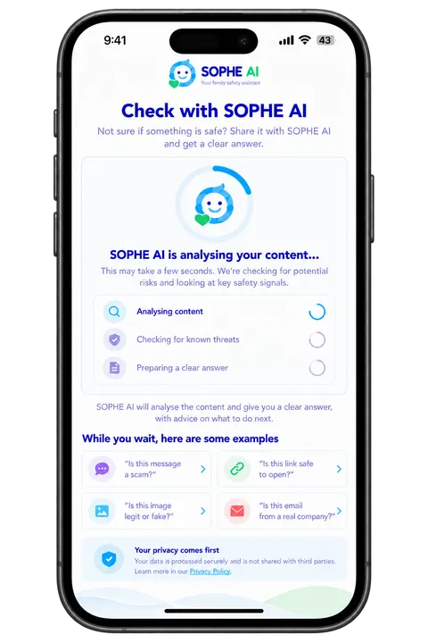 SOPHE AI analysing content screen in the SOPHE AI app
