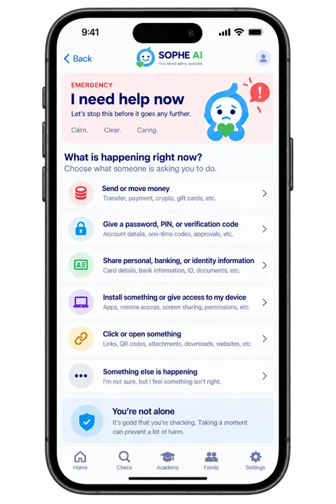 "I need help now" screen in the SOPHE AI app