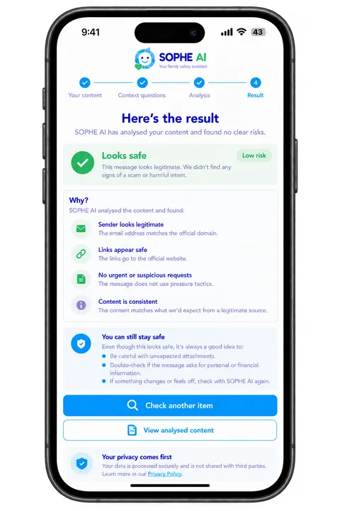 Check result screen in the SOPHE AI app