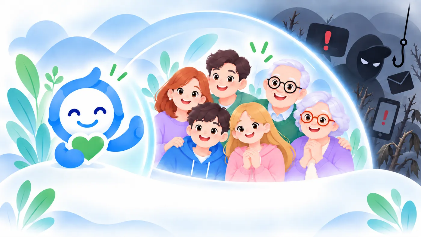 A multi-generational family gathered together, kept safe from online scam threats by the SOPHE AI mascot