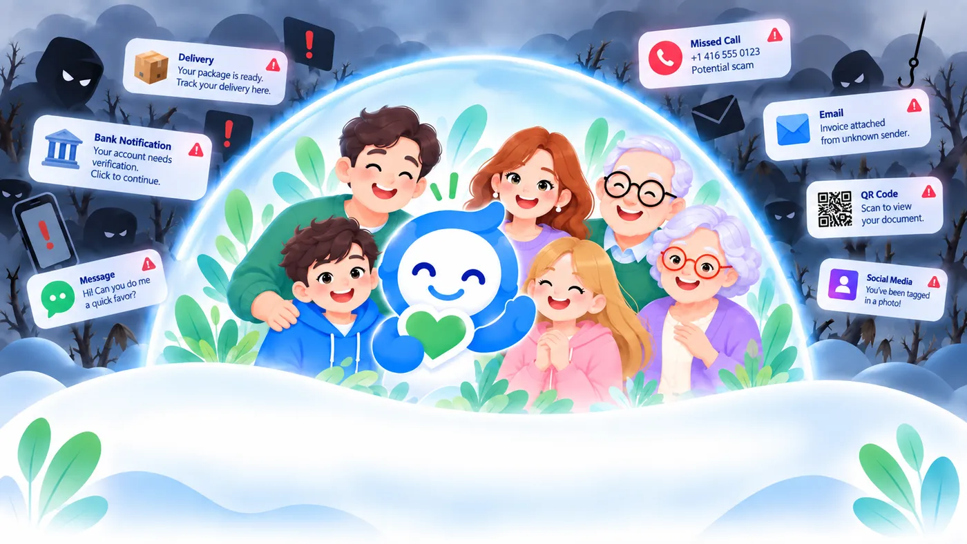 A mother and son smiling while checking a message together with the SOPHE AI mascot nearby
