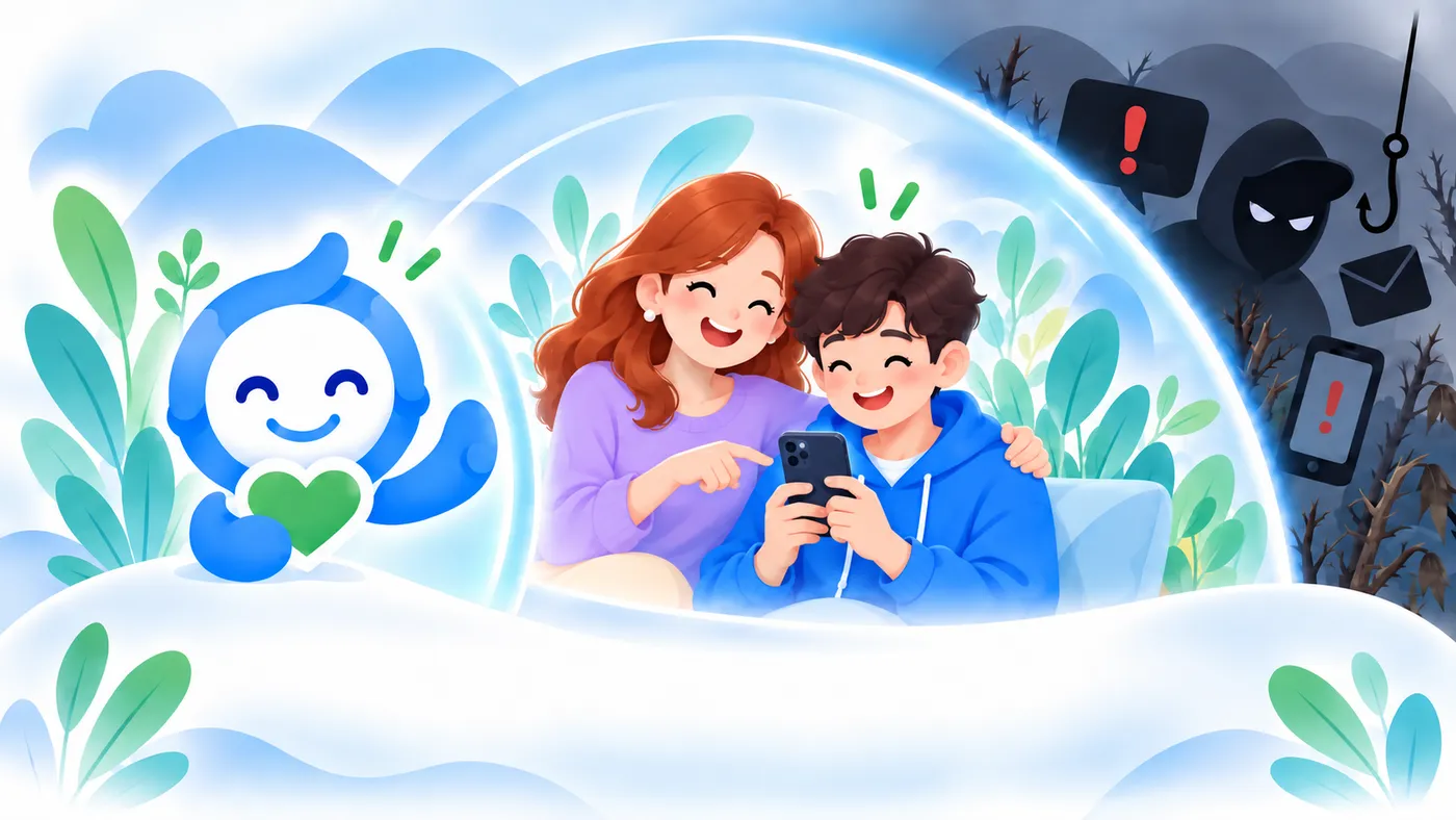 A mother and son looking at a phone together with the SOPHE AI mascot nearby