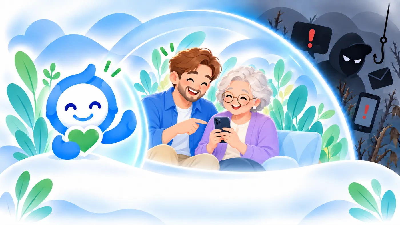 A family smiling together, protected from online scam threats by the SOPHE AI mascot